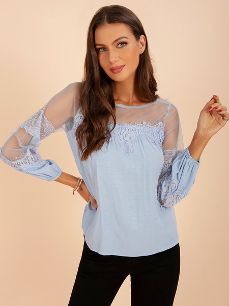 

Crew Neck Lace Paneled Long Sleeve Shirt, Blue, Auto-clearance