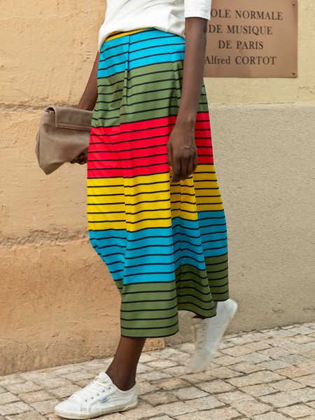 

Vintage Stripes Floral-Print Skirt, As picture, Midi Skirts