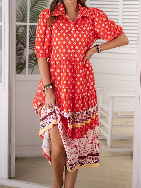 

Pockets Cotton-Blend Short Sleeve Boho Dresses, Red, Floral Dresses