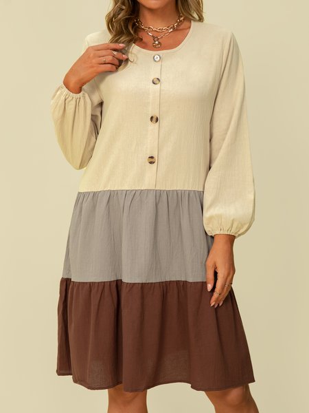 

A-Line Casual Long Sleeve Crew Neck Weaving Dress, Khaki, Midi Dresses