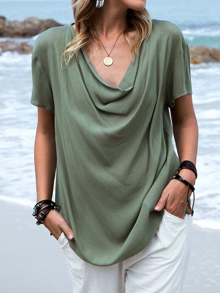 

Short Sleeve Casual Plain Tops, Green gray, T-Shirts