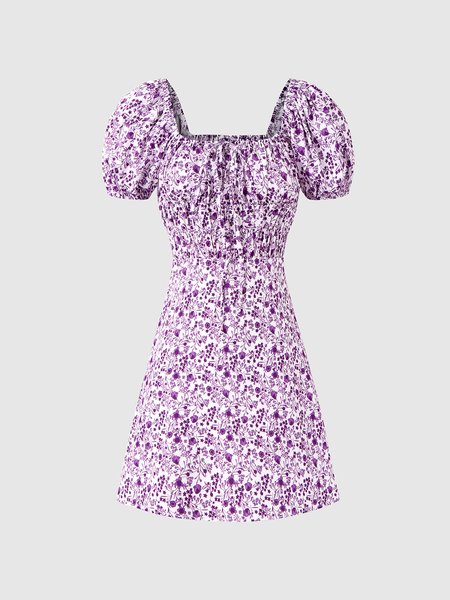 

Elegant Floral Puff Sleeve Dress, Purple, Mini Dresses