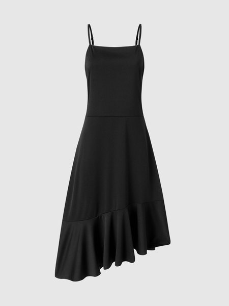 

Asymmetric Spaghetti Fitted Dress, Black, Midi Dresses