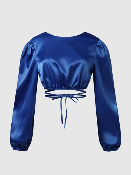 

Crew Neck Regular Fit Solid Tops, Blue, Tops