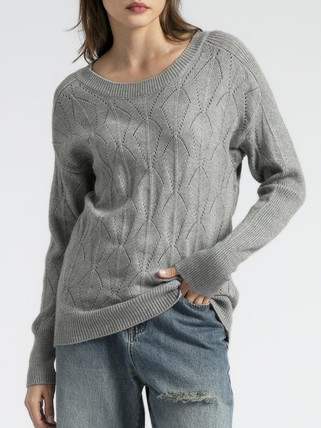 

Casual Plain Crew Neck Long Sleeve Sweater, Gray, Pullovers