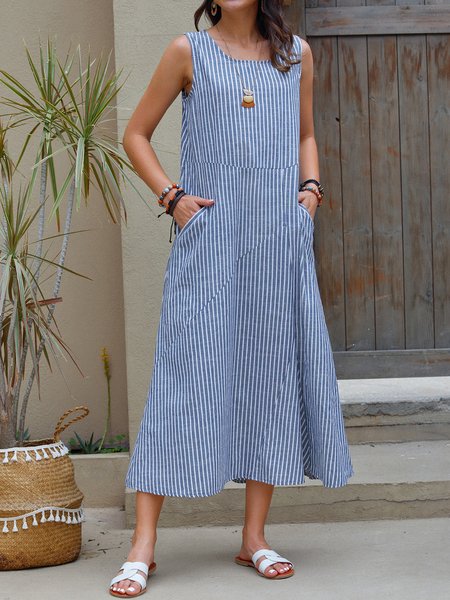 

Stripe-Blue A-Line Cotton Sleeveless Dresses, Maxi Dresses