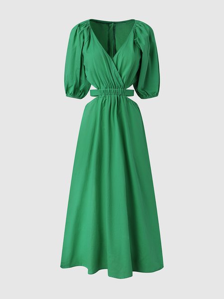 

V Neck Solid Puff Sleeve Casual Weaving Dress, Green, Mini Dresses