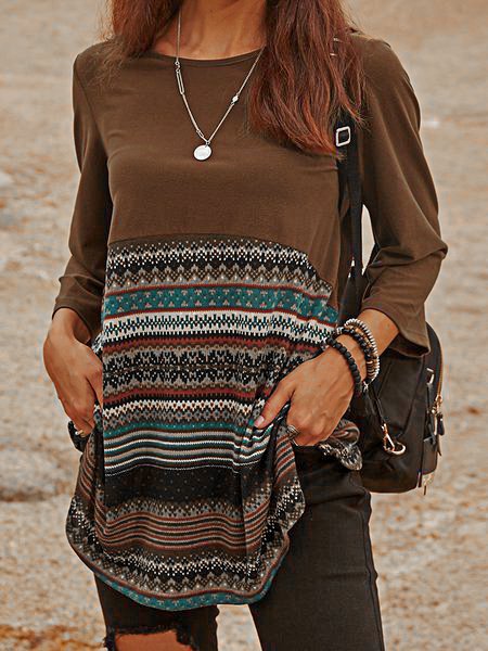 

Brown Paneled Crew Neck Long Sleeve Cotton-Blend Shirts & Tops, Tops