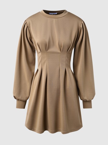 

Crew Neck Bishop Sleeve Casual Solid Dress, Brown, Mini Dresses