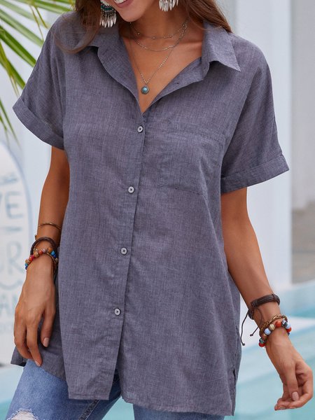 

Short Sleeve Shirt Collar Plain Blouse, Gray, Blouses & Shirts