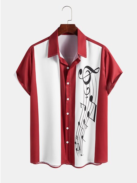 

Mens Music Sheet Note Print Casual Breathable Loose Short Sleeve Bowling Shirts, Red, Shirts ＆ Blouse