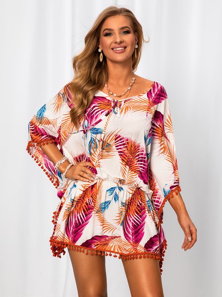 

V Neck Half Sleeve A-Line Floral Weaving Dress, Orange, Dresses