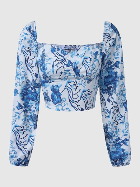 

Regular Fit Puff Sleeve Simple Floral Tops, As picture, Tops
