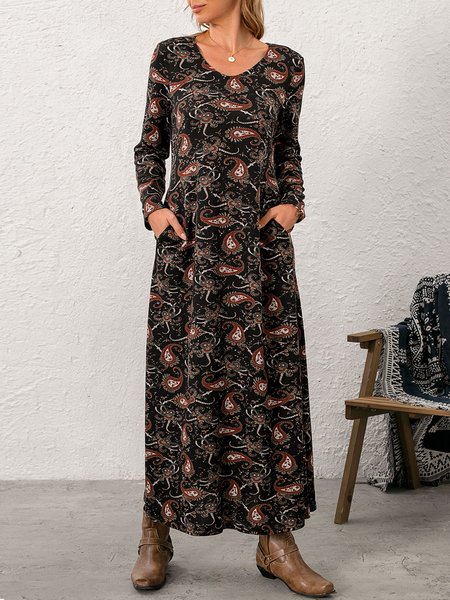 

Casual Cotton-Blend A-Line Long Sleeve Dresses, Black-red, Maxi Dresses