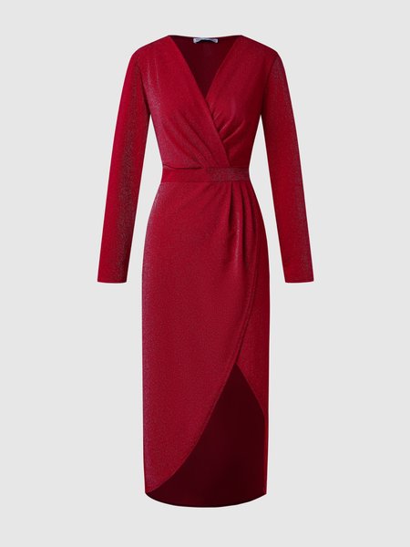 

V Neck Elegant Slit Fitted Dress, Red, Midi Dresses