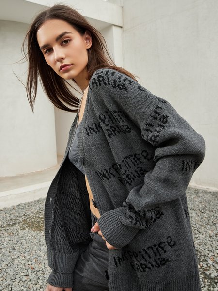 

Casual Long Sleeve Letter Outerwear, Gray, Cardigans