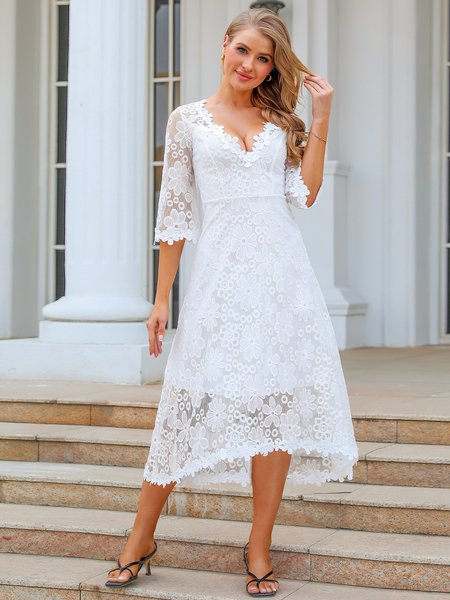 

A-Line 3/4 Sleeve Sweet Weaving Dress, White, Dresses