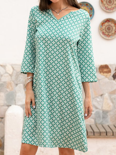 

Print 3/4 Sleeves Shift Knee Length Casual Tunic Dresses, Green, Casual Dresses