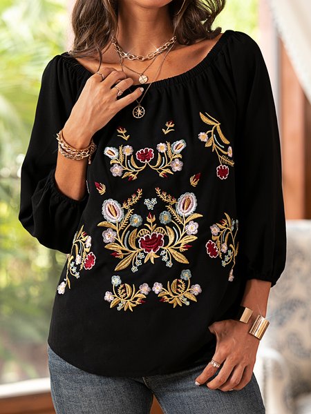 

embroidered casual floral shirts & tops, Black, Tops