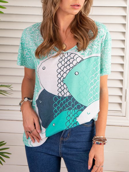 

V-Neck Short Sleeve Fish Painting Print T-shirt & Tops, As picture, T-Shirts
