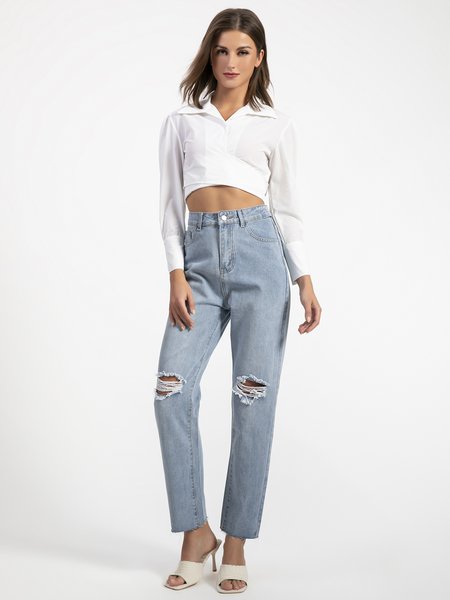 

Ripped Solid Denim Jeans, Blue, Jeans
