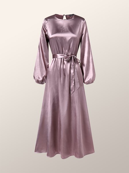 

Crew Neck A-Line Long Sleeve Vintage Dress, Khaki, Midi Dresses