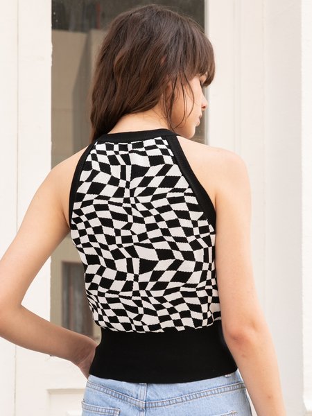 

Geometric Casual Crew Neck Top, As picture, Tanks and Camis