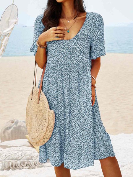 

Ditsy Floral JFN V Neck Beach Vacation Casual Mini Smock Dress, Sky blue, Dresses