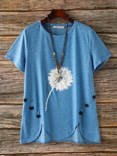

Crew Neck Casual Floral T-shirt, Blue, T-Shirts