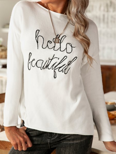 

long sleeve letter casual sweater, White, Tops