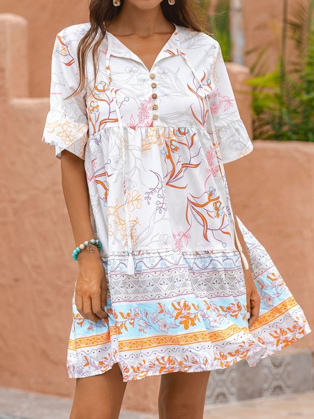 

Frill Sleeve Casual Floral Cotton-Blend Dresses, White, Floral Dresses
