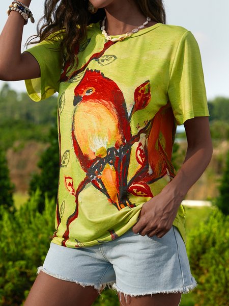 

Printed Short Sleeve Casual Crew Neck T-shirt, Green, T-Shirts