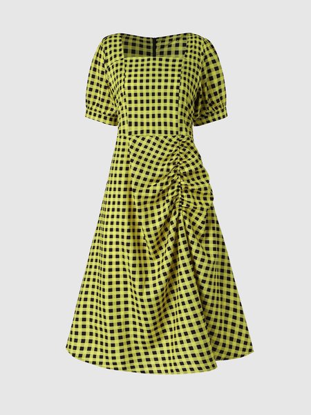 

Puff Sleeve Regular Fit Checked/Plaid Elegant Dresse, Yellow, Midi Dresses