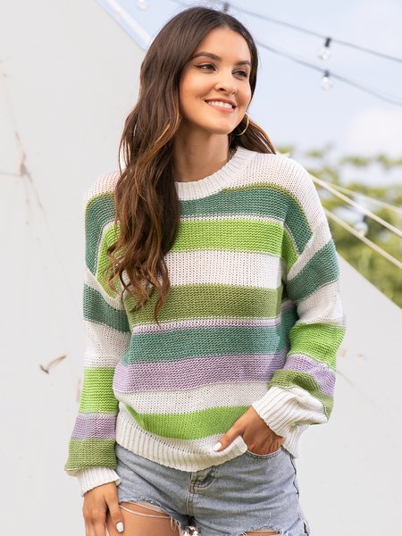 

Multicolor Striped Plus Size Long Sleeve Statement Sweater, Green, Sweaters