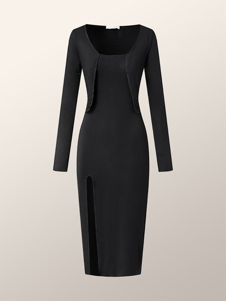 

Two-piece knitted dress, Black, Midi Dresses