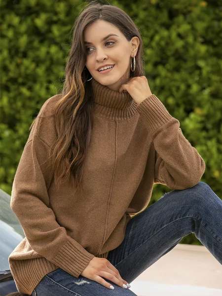 

Solid Long Sleeve Turtleneck Wool Blend Sweater, Coffee, Sweaters