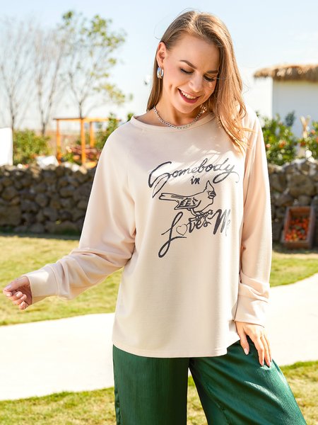 

Letter Crew Neck Simple Shirts & Tops, Nudepink, Tops