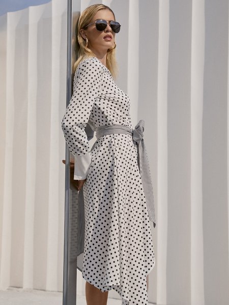 

Work A-Line Polka Dots Long Sleeve Midi Dress, White, Midi Dresses