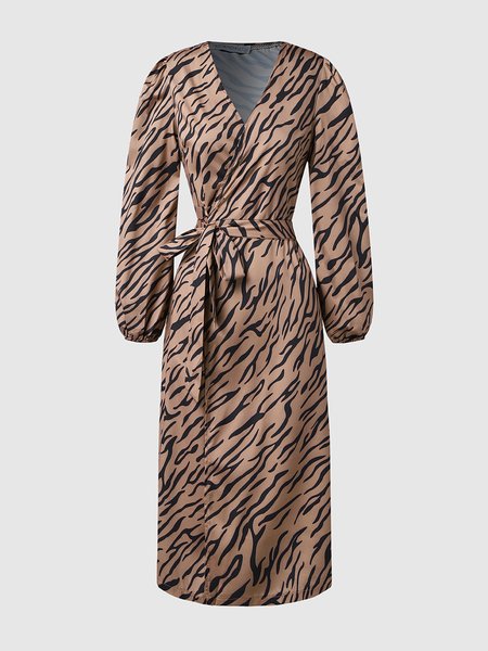 

Elegant V Neck Zebra Regular Fit Midi Dress, Khaki, Midi Dresses