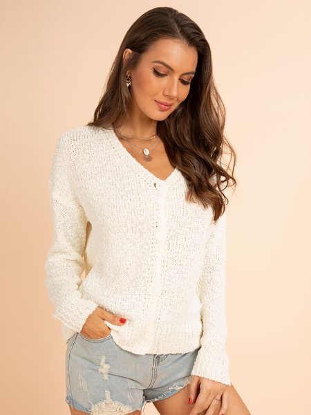 

V Neck Long Sleeve Sweater, White, Sweaters