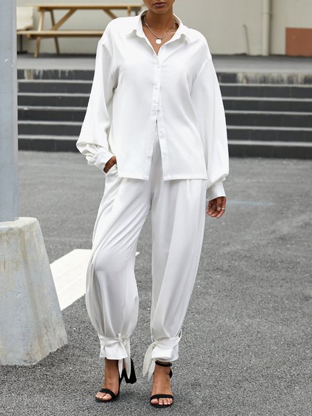 

Solid Elegant Casual Blouse & Pant Set, White, Two-piece Set