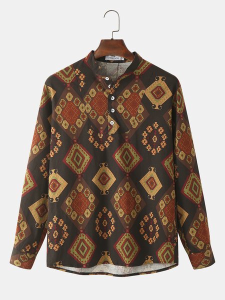 

Stand Collar Geometric Shirts & Tops, Brown, Men's shirts