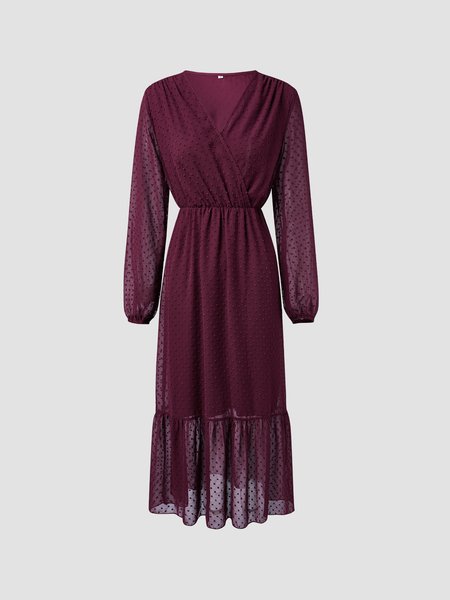 

New popular V-Neck long sleeve dress, Wine red, Casual Dresses