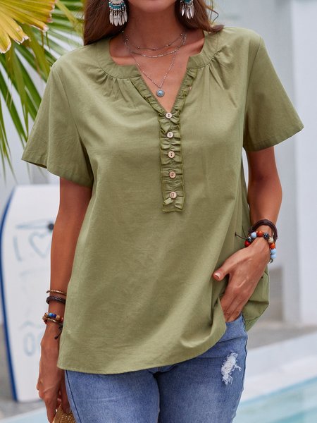 

Cotton Short Sleeve Plain Blouse, As picture, Shirts & Blouses