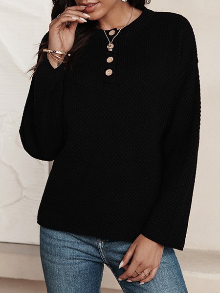 

Plain Knitted Long Sleeve Buttoned Sweater, Black, Sweaters & Cardigans