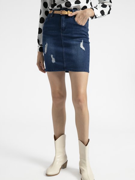 

Shift Solid Casual Mini Skirt, Blue, Mini Skirts