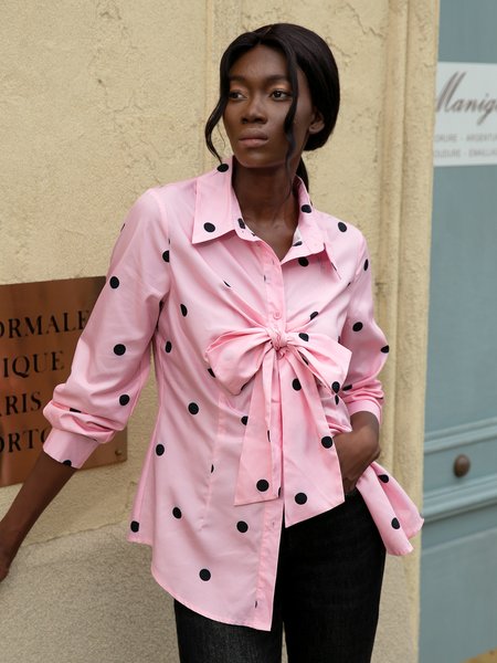 

Shirt Collar Long Sleeve Polka Dots Blouse, Pink, Blouses and Shirts