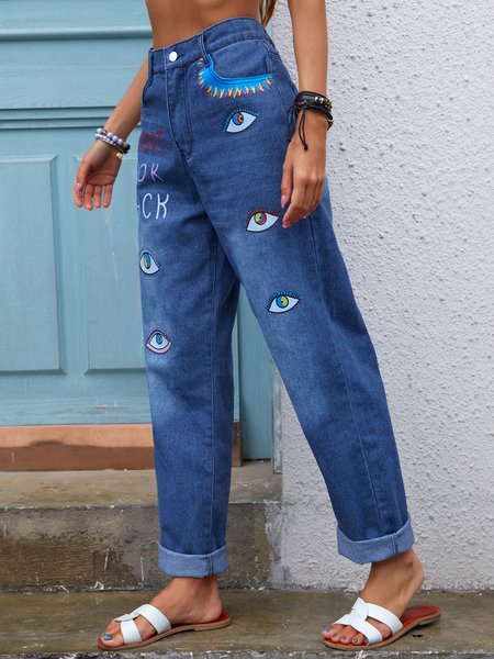 

Appliqued Casual Denim Jeans, Blue, Pants