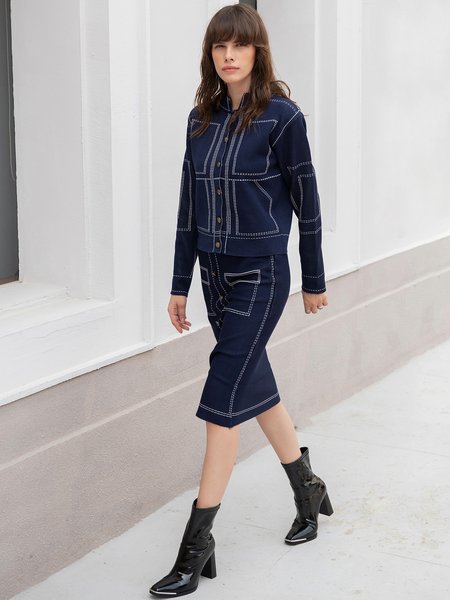

Stand Collar Elegant Long Sleeve Outerwear, Purplish blue, Coats