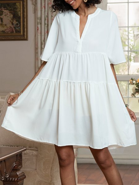 

White A-Line V Neck Half Sleeve Weaving Dress, Midi Dresses
